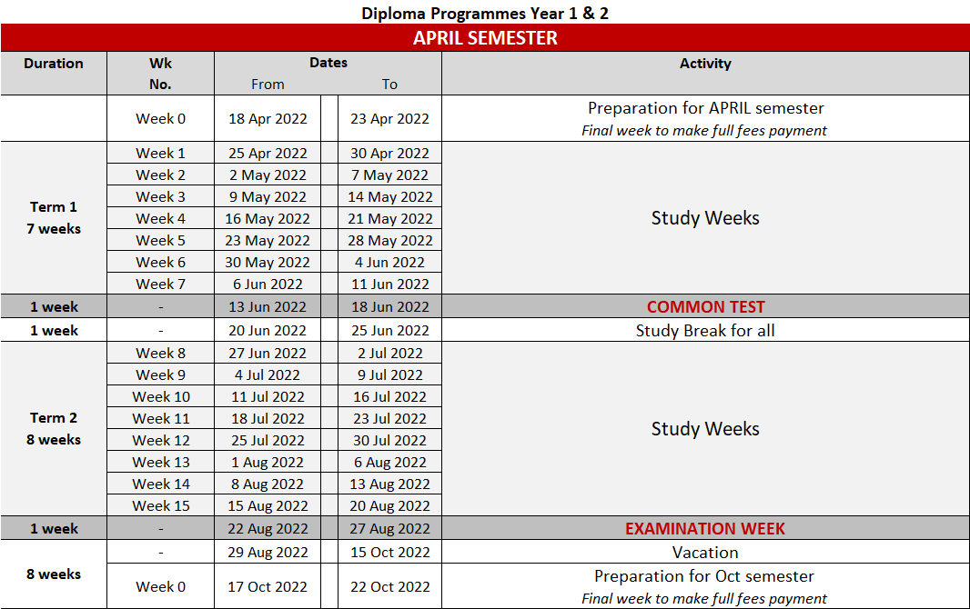 Academic Calendar BCA Academy